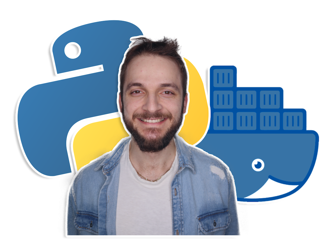 Michal Hucko with python and docker logo in background